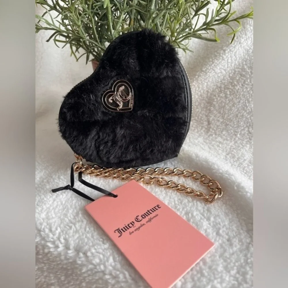 Juicy Couture Let’s Get Cozy Black Faux Fur Heart Wristlet NWT